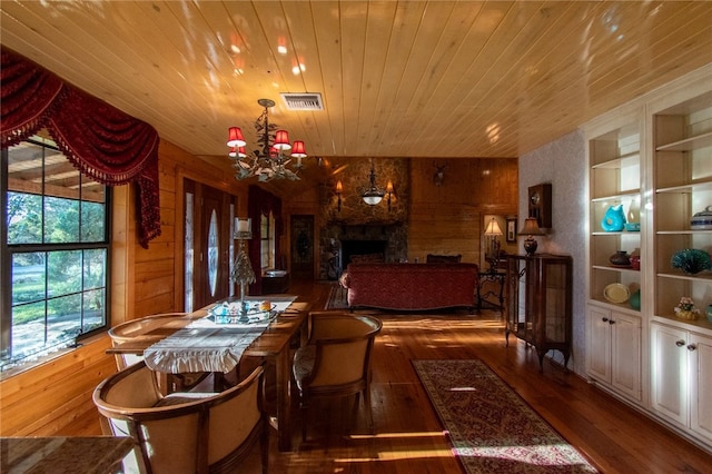 dining space featuring wooden ceiling, built in features, a notable chandelier, wood-type flooring, and a fireplace