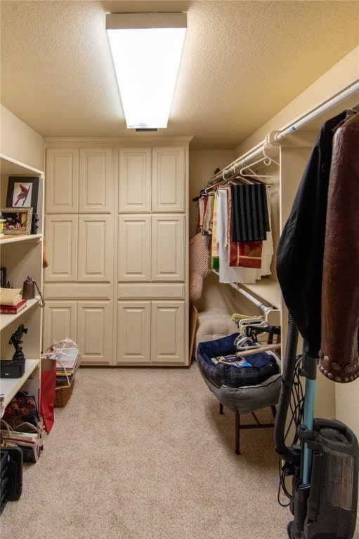 spacious closet featuring light colored carpet