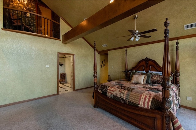 carpeted bedroom with beam ceiling, high vaulted ceiling, and ceiling fan