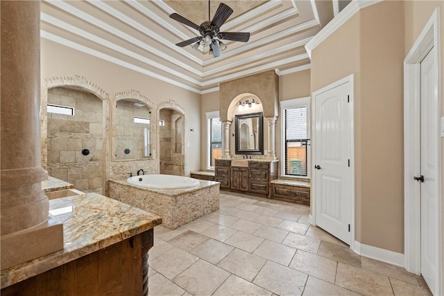 bathroom with ceiling fan, a raised ceiling, crown molding, vanity, and independent shower and bath