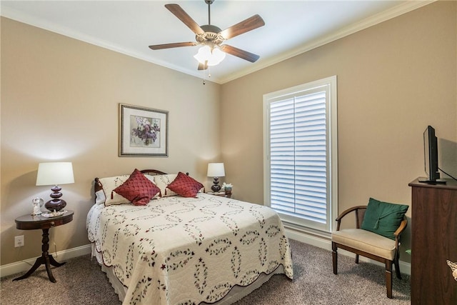 bedroom featuring carpet floors, ceiling fan, and crown molding