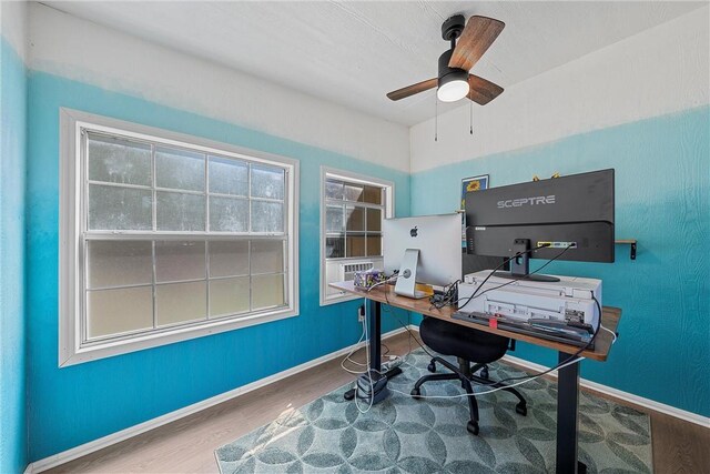 office featuring ceiling fan and wood-type flooring