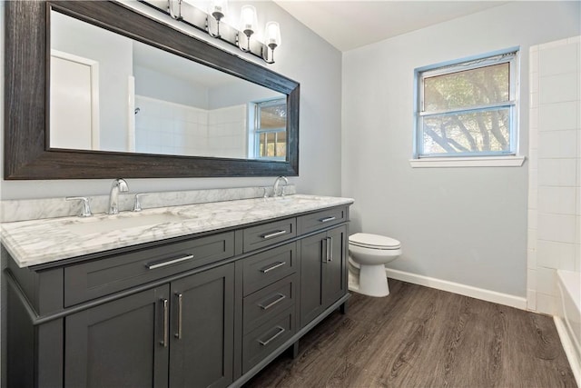 bathroom with vanity, toilet, and wood-type flooring