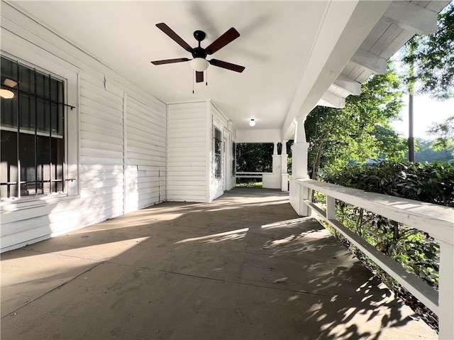 view of patio / terrace featuring ceiling fan and covered porch