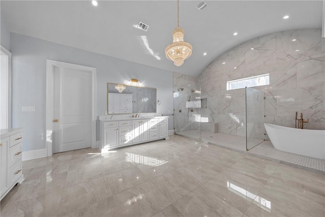 bathroom with shower with separate bathtub, vanity, and lofted ceiling