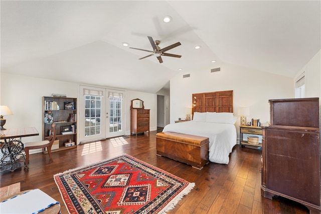 bedroom featuring lofted ceiling, french doors, hardwood / wood-style flooring, and visible vents