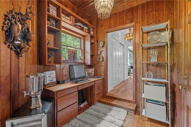 office with light wood-type flooring, an inviting chandelier, wooden ceiling, beamed ceiling, and wood walls