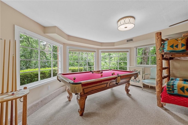 recreation room with carpet floors and pool table