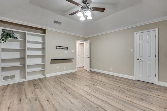 unfurnished bedroom with ceiling fan, crown molding, and light hardwood / wood-style flooring