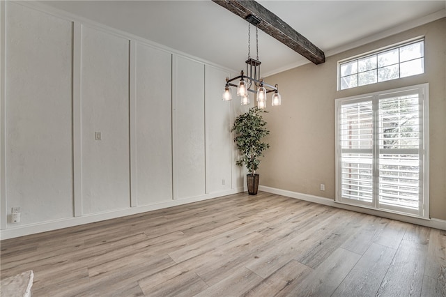 unfurnished dining area featuring a chandelier, beam ceiling, and light hardwood / wood-style floors