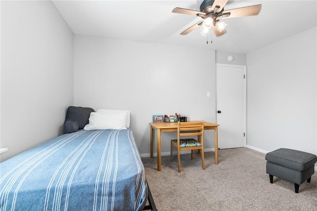 bedroom with ceiling fan and carpet