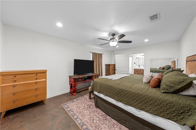 bedroom with connected bathroom and ceiling fan