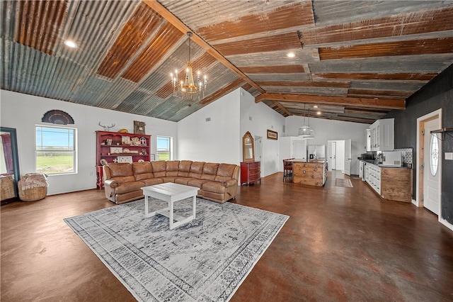 living room with wooden ceiling, lofted ceiling, and an inviting chandelier