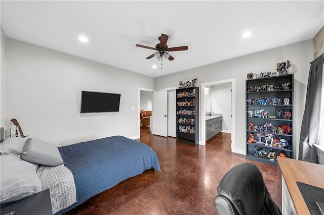 bedroom featuring connected bathroom and ceiling fan