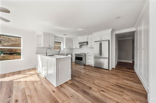 kitchen featuring sink, stainless steel appliances, white cabinets, kitchen peninsula, and light wood-type flooring