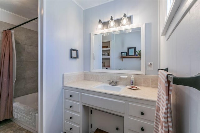 bathroom with shower / tub combo, backsplash, and vanity