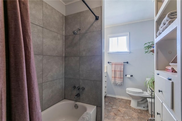 full bath with toilet, ornamental molding, shower / bath combination with curtain, and vanity