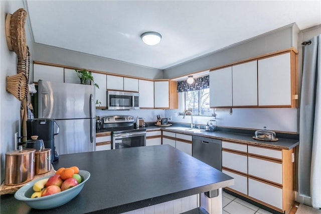 kitchen featuring stainless steel appliances, dark countertops, a sink, and white cabinetry