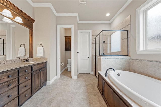 full bathroom with tile patterned flooring, vanity, ornamental molding, plus walk in shower, and toilet