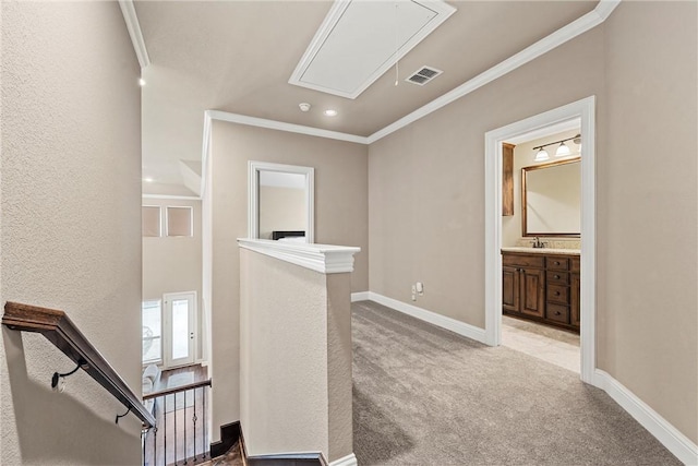 corridor with ornamental molding, sink, and light carpet