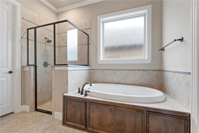 bathroom featuring tile patterned flooring, ornamental molding, and independent shower and bath