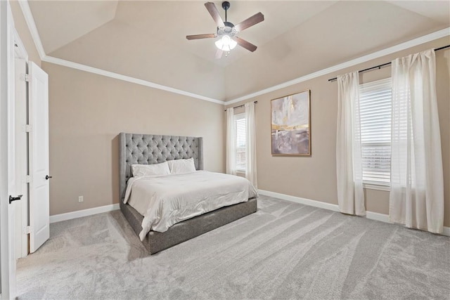 bedroom with light carpet, vaulted ceiling, and ornamental molding