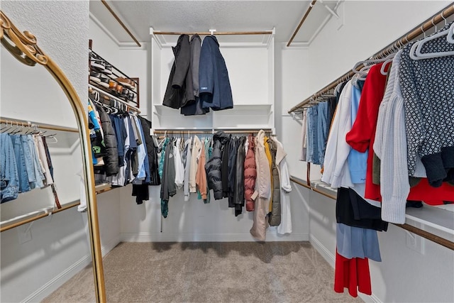 walk in closet featuring light colored carpet