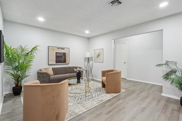 living room featuring wood-type flooring and a textured ceiling