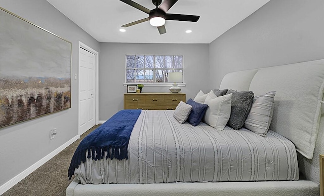 bedroom featuring carpet floors and ceiling fan