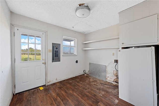 laundry area with a textured ceiling, electric panel, and dark wood-type flooring