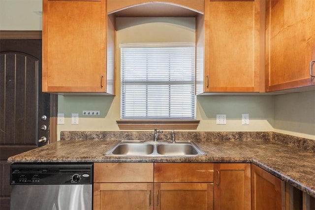 kitchen with dark stone countertops, dishwasher, and sink