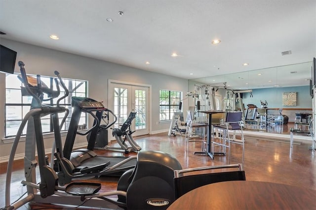 gym featuring french doors