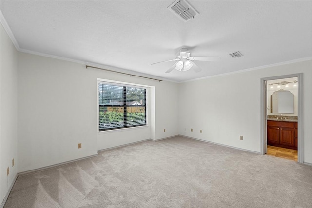 spare room with ceiling fan, light colored carpet, ornamental molding, and sink