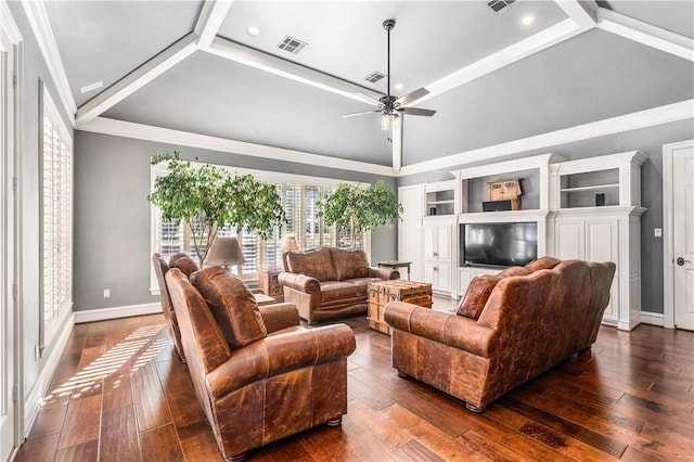 living room featuring ornamental molding, ceiling fan, and dark wood-type flooring