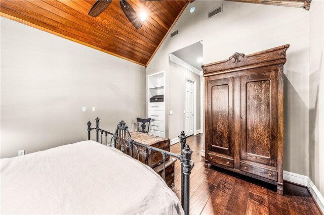 bedroom featuring vaulted ceiling, ceiling fan, wooden ceiling, and dark hardwood / wood-style floors