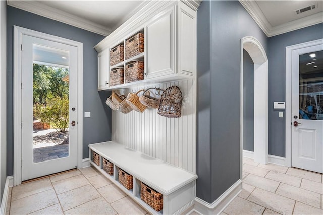 mudroom featuring crown molding