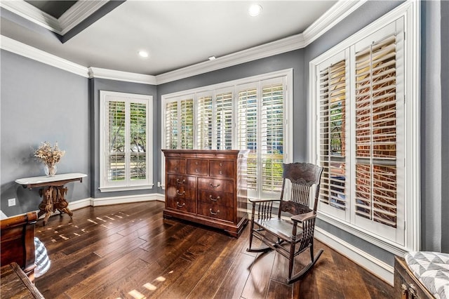 living area with dark hardwood / wood-style flooring and ornamental molding