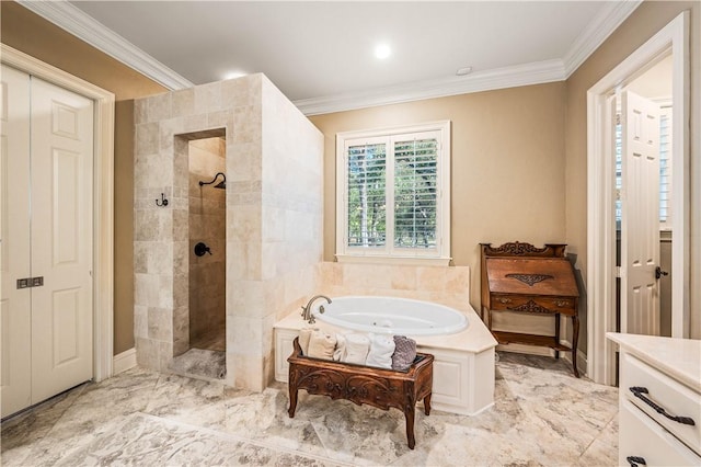 bathroom with separate shower and tub and ornamental molding