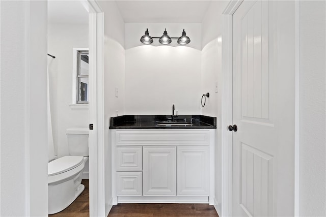 bathroom with vanity, hardwood / wood-style flooring, and toilet