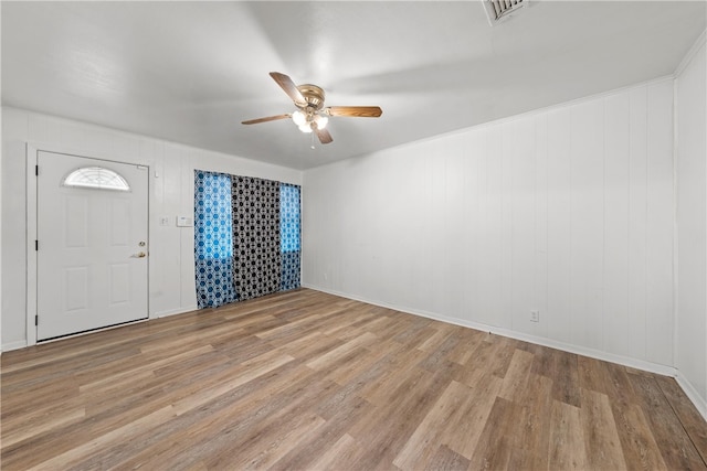 entrance foyer featuring ceiling fan and light hardwood / wood-style flooring