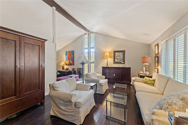 living room with vaulted ceiling with beams and dark hardwood / wood-style floors