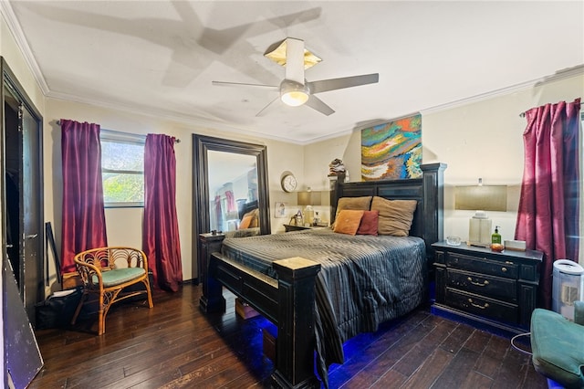 bedroom with ceiling fan, dark hardwood / wood-style floors, and crown molding