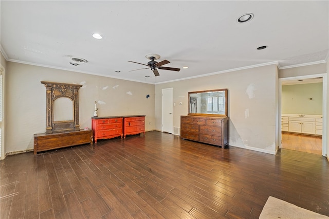 interior space with crown molding, ceiling fan, and dark wood-type flooring