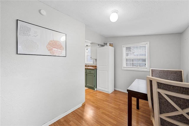 dining room featuring a textured ceiling, light hardwood / wood-style flooring, and a wealth of natural light