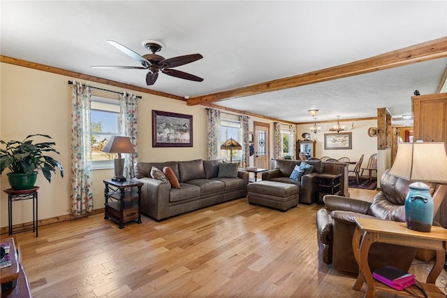 living room with ceiling fan with notable chandelier, ornamental molding, and light hardwood / wood-style floors