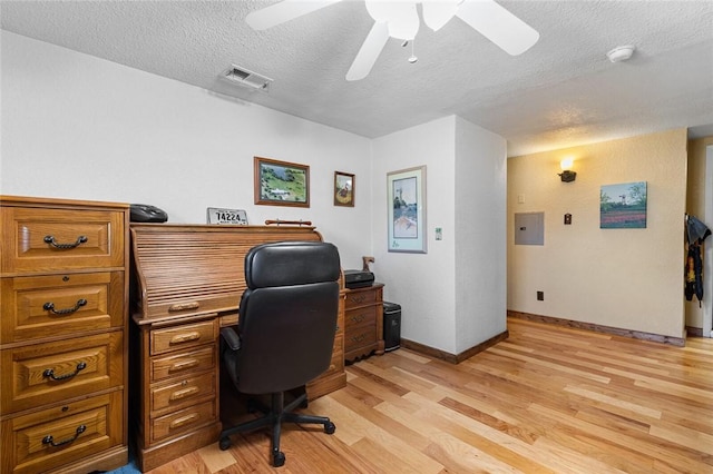 office area with a textured ceiling, light hardwood / wood-style flooring, electric panel, and ceiling fan