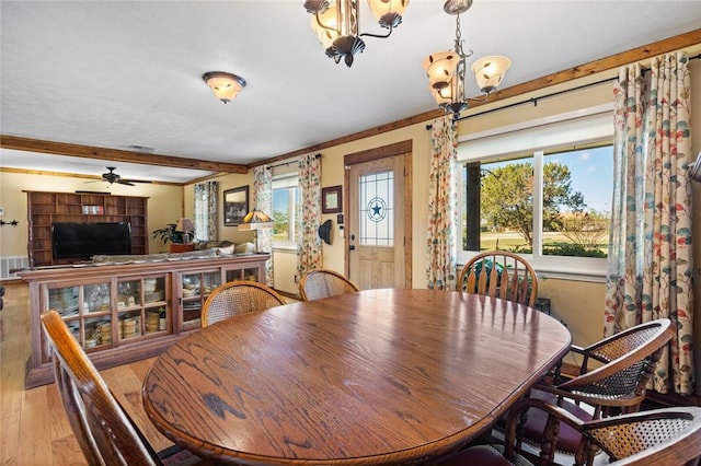 dining room featuring beamed ceiling, plenty of natural light, ceiling fan with notable chandelier, and light hardwood / wood-style flooring