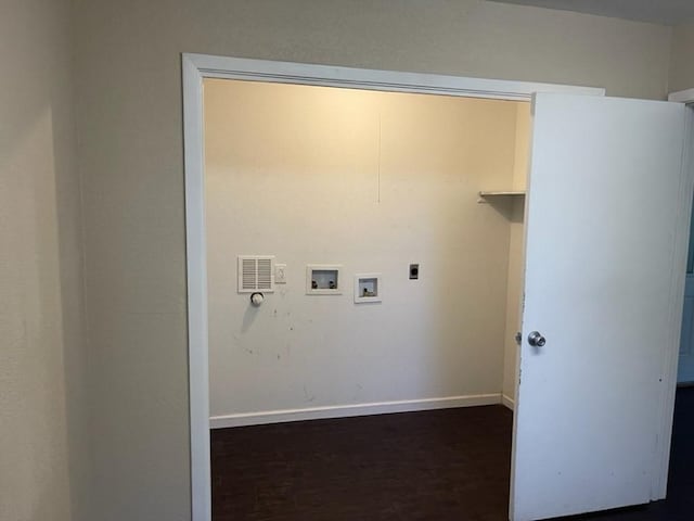 laundry room with laundry area, baseboards, dark wood-type flooring, hookup for an electric dryer, and washer hookup