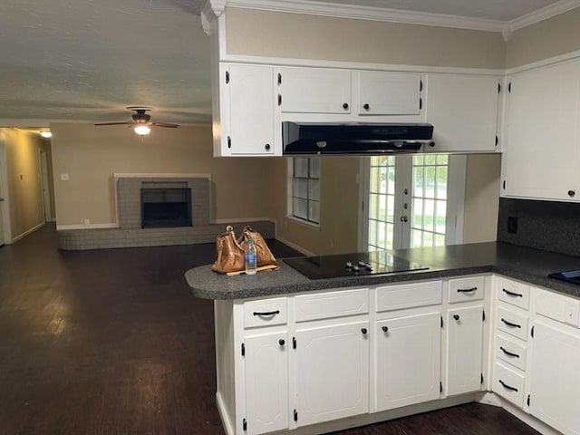 kitchen with black electric stovetop, under cabinet range hood, a peninsula, a brick fireplace, and dark countertops