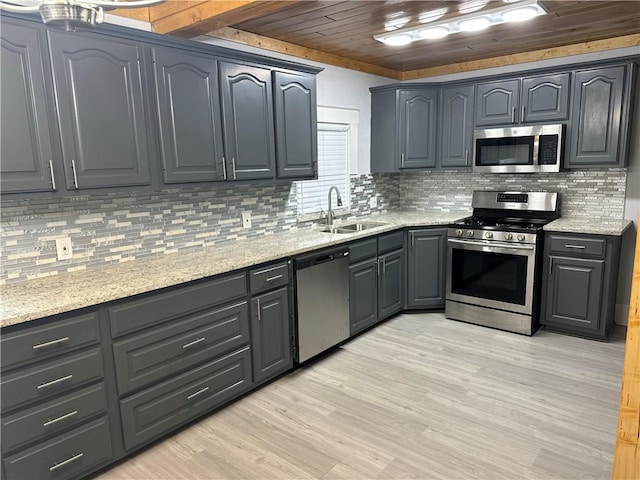 kitchen featuring sink, wood ceiling, stainless steel appliances, light stone counters, and light wood-type flooring